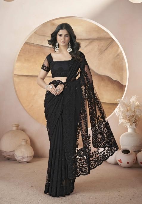 Black Embroidered Butterfly Net Saree  Set