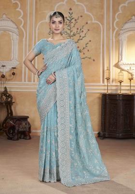 Blue Embroidered Poly Blend Saree  Set