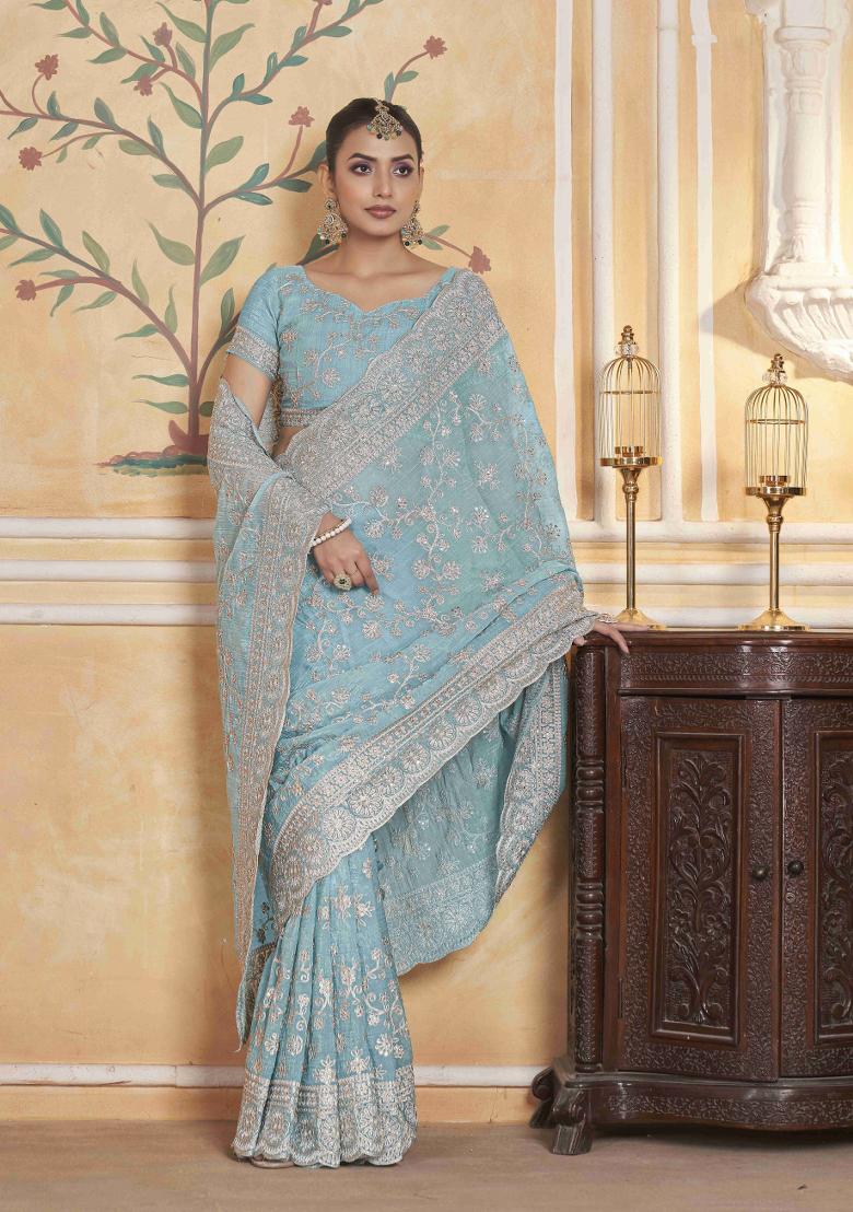 Blue Embroidered Poly Blend Saree  Set