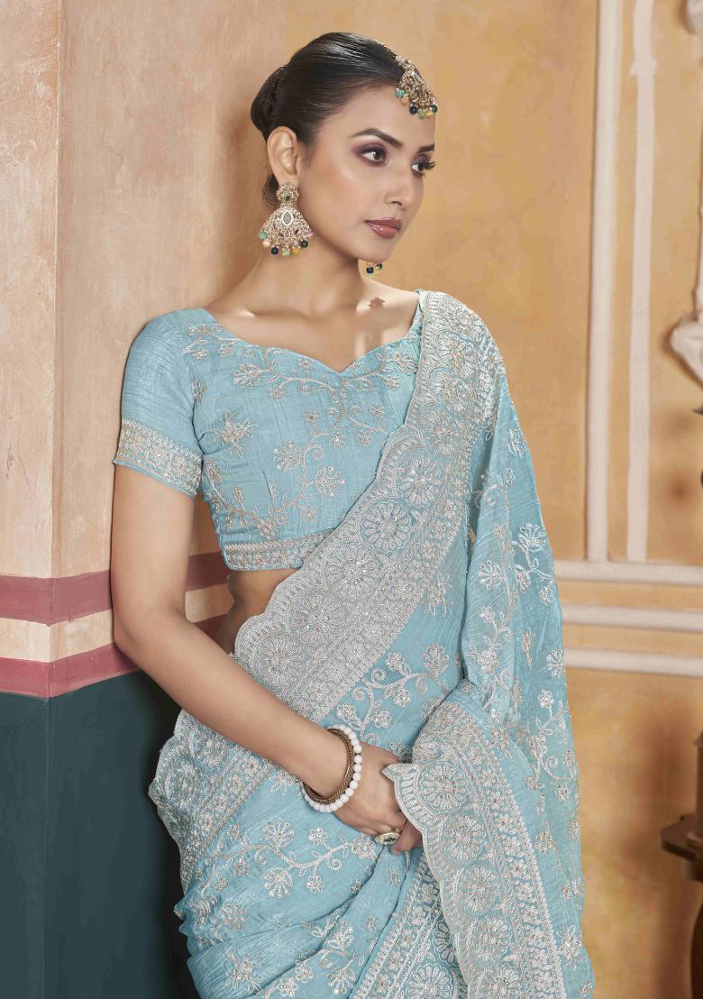 Blue Embroidered Poly Blend Saree  Set