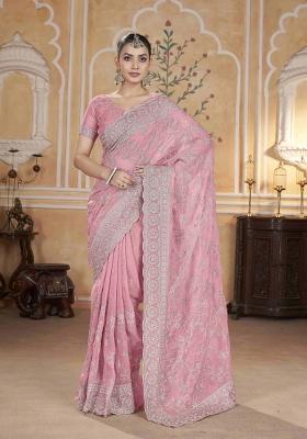 Pink Embroidered Poly Blend Saree  Set