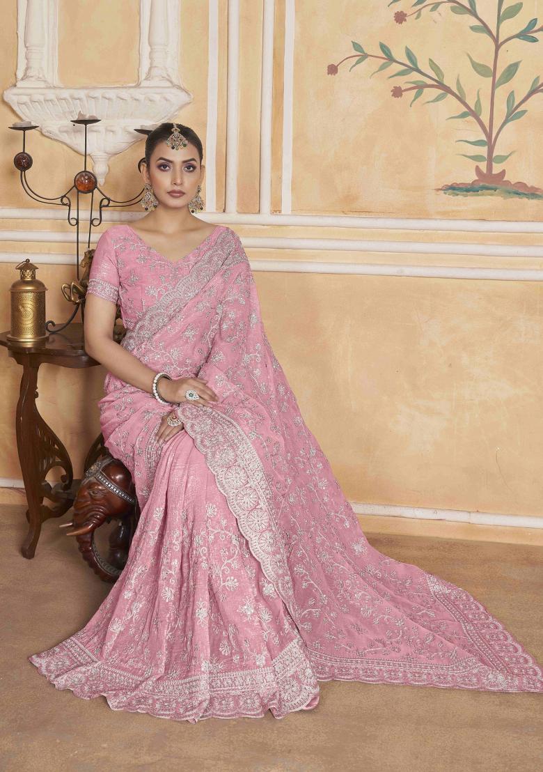 Pink Embroidered Poly Blend Saree  Set