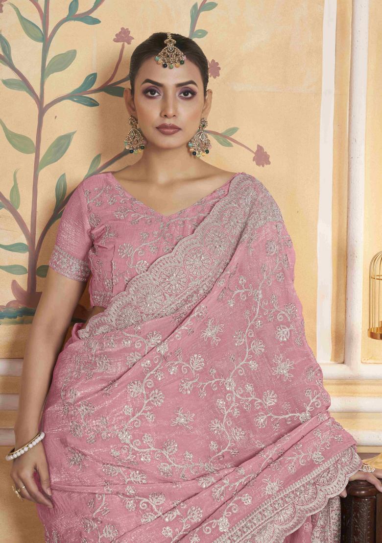 Pink Embroidered Poly Blend Saree  Set
