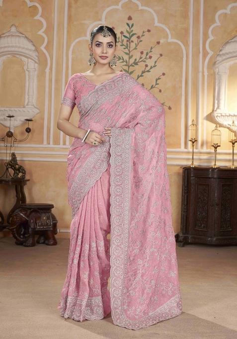 Pink Embroidered Poly Blend Saree  Set