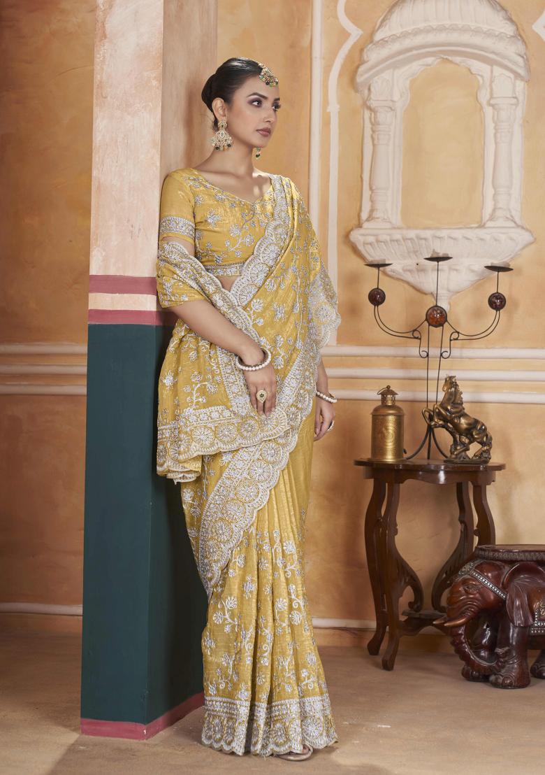 Yellow Embroidered Poly Blend Saree  Set