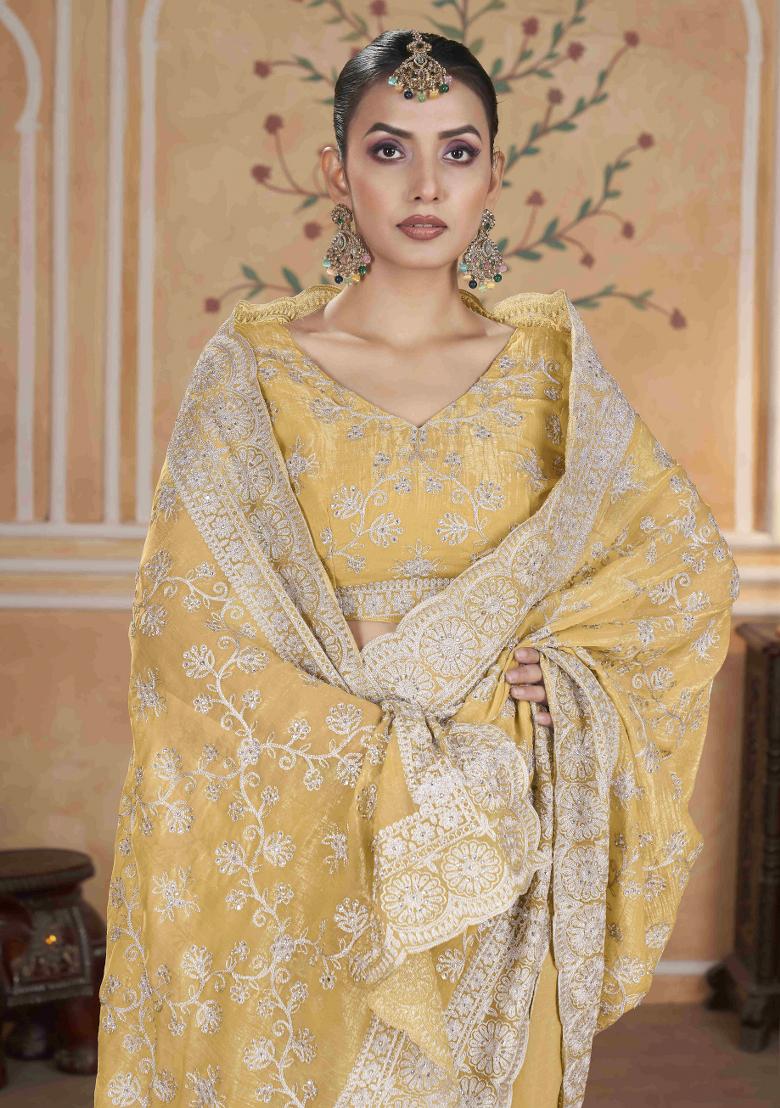 Yellow Embroidered Poly Blend Saree  Set