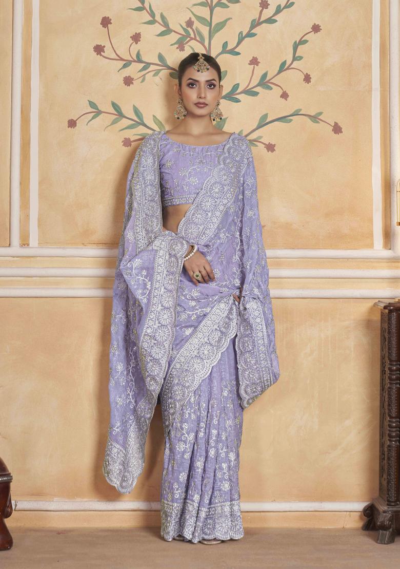 Lavender Embroidered Poly Blend Saree  Set
