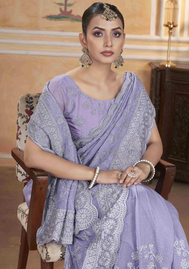 Lavender Embroidered Poly Blend Saree  Set