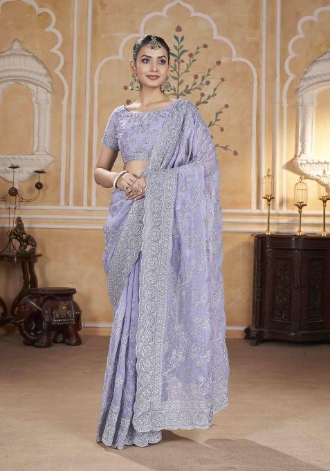 Lavender Embroidered Poly Blend Saree  Set