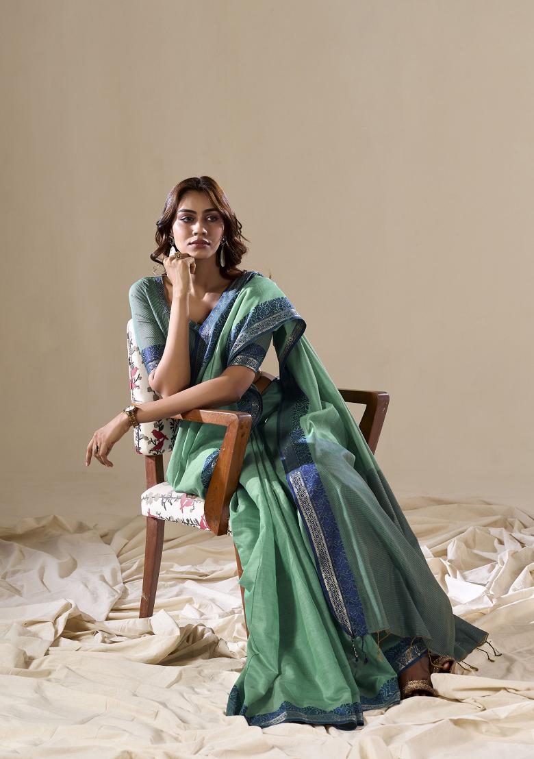 Rama Green Woven Silk Saree  Set