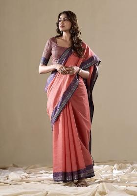 Peach Woven Silk Saree  Set