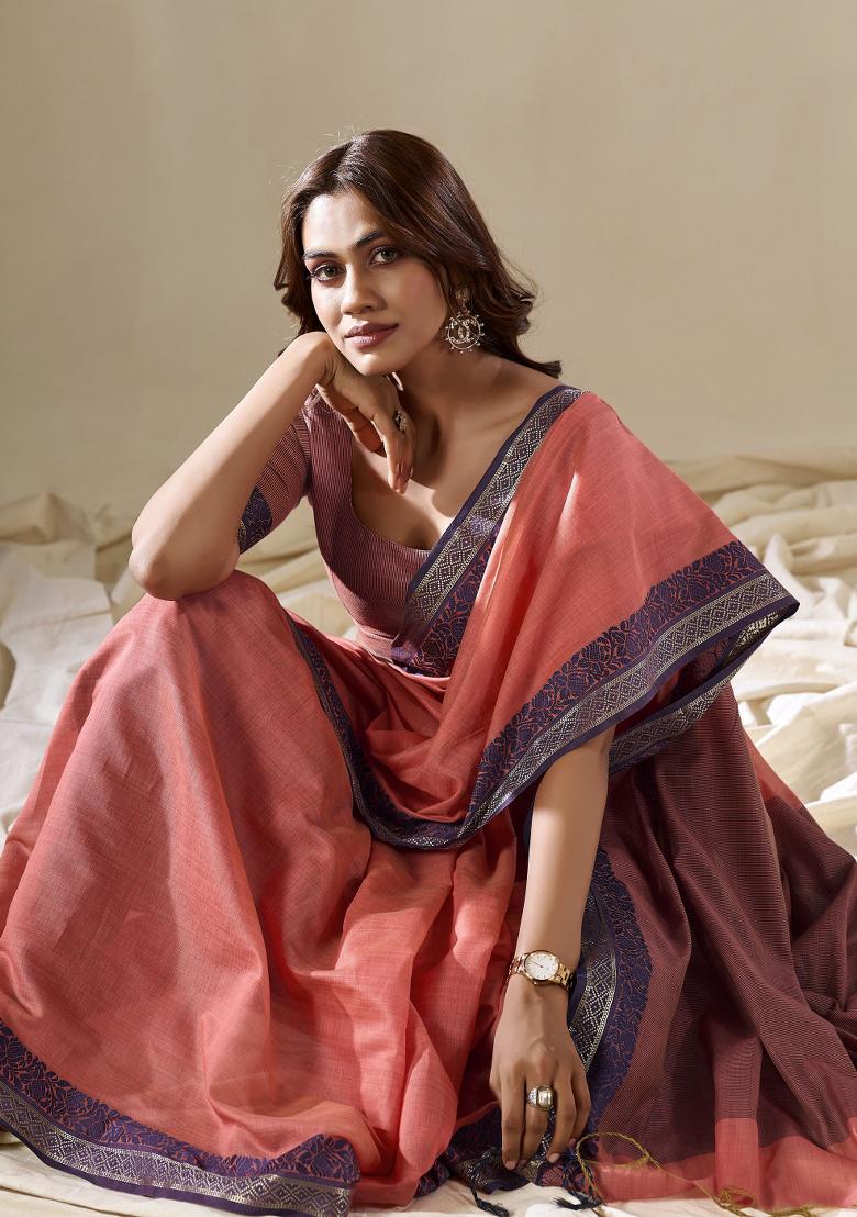 Peach Woven Silk Saree  Set