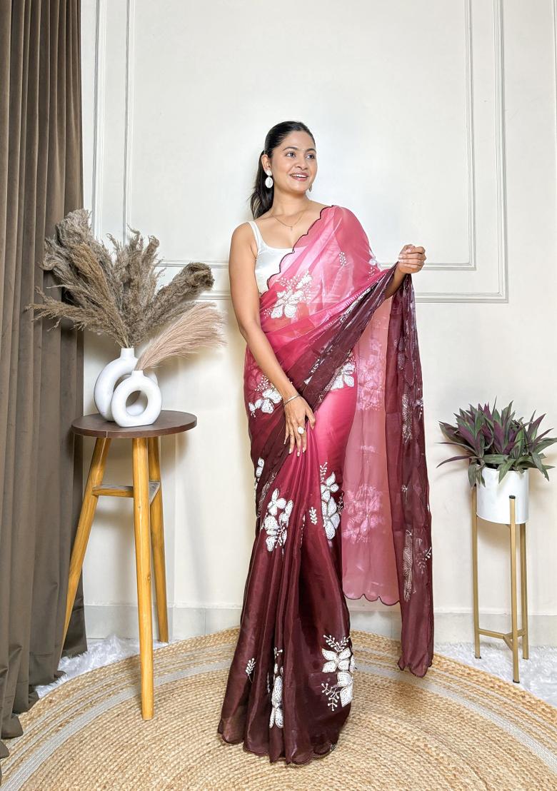 Maroon Embroidered Jimmy Choo Saree  Set