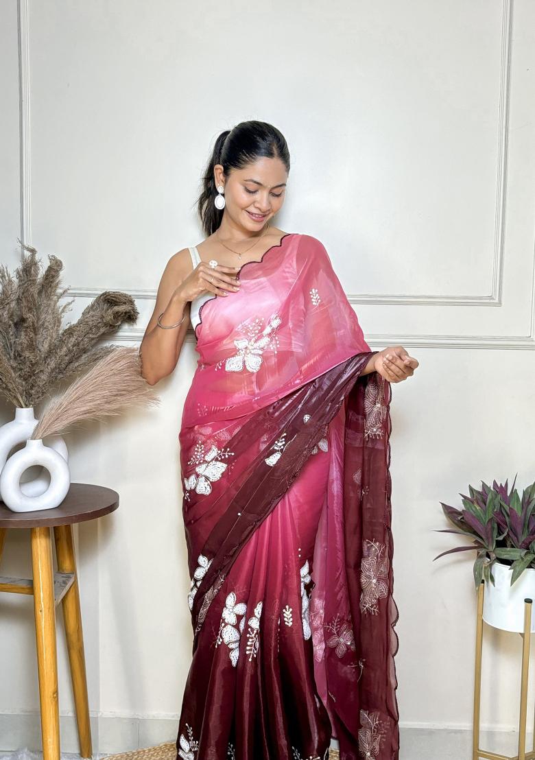 Maroon Embroidered Jimmy Choo Saree  Set