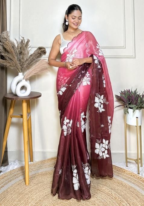Maroon Embroidered Jimmy Choo Saree  Set