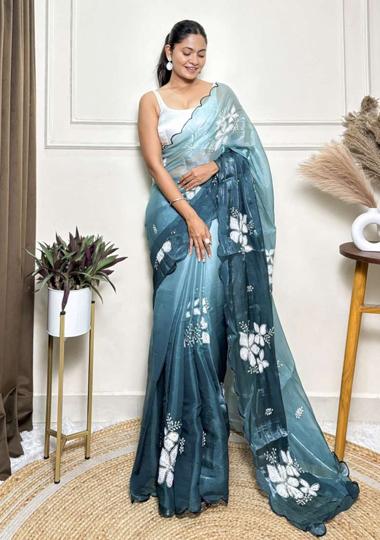 Sea Green Embroidered Jimmy Choo Saree  Set - Indya