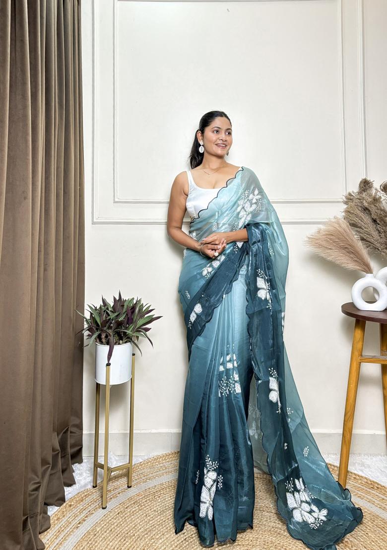 Sea Green Embroidered Jimmy Choo Saree  Set
