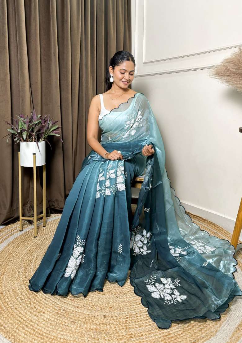 Sea Green Embroidered Jimmy Choo Saree  Set - Indya