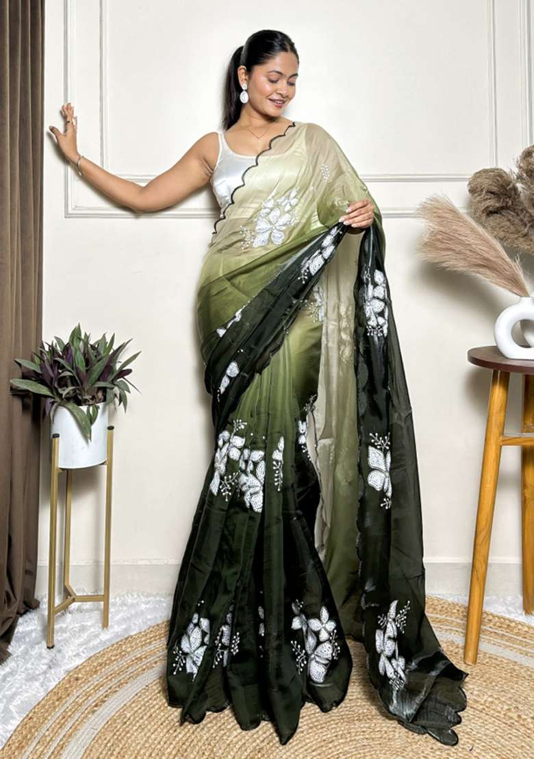 Green Embroidered Jimmy Choo Saree  Set - Indya