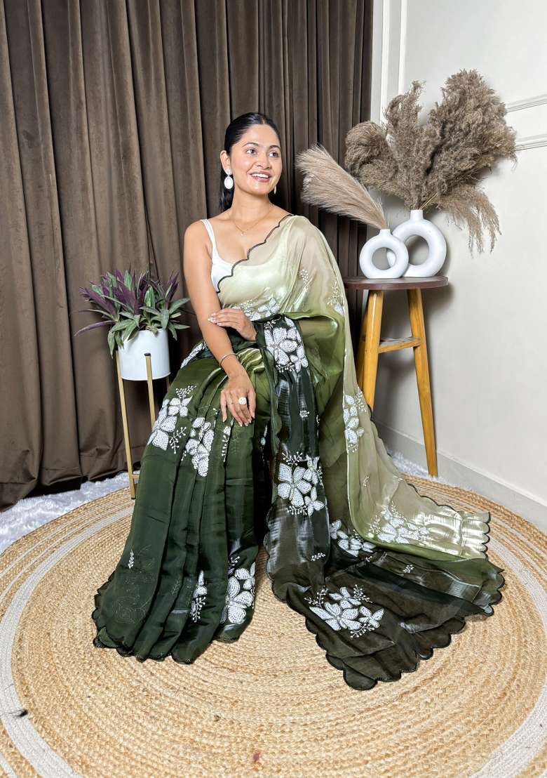 Green Embroidered Jimmy Choo Saree  Set - Indya