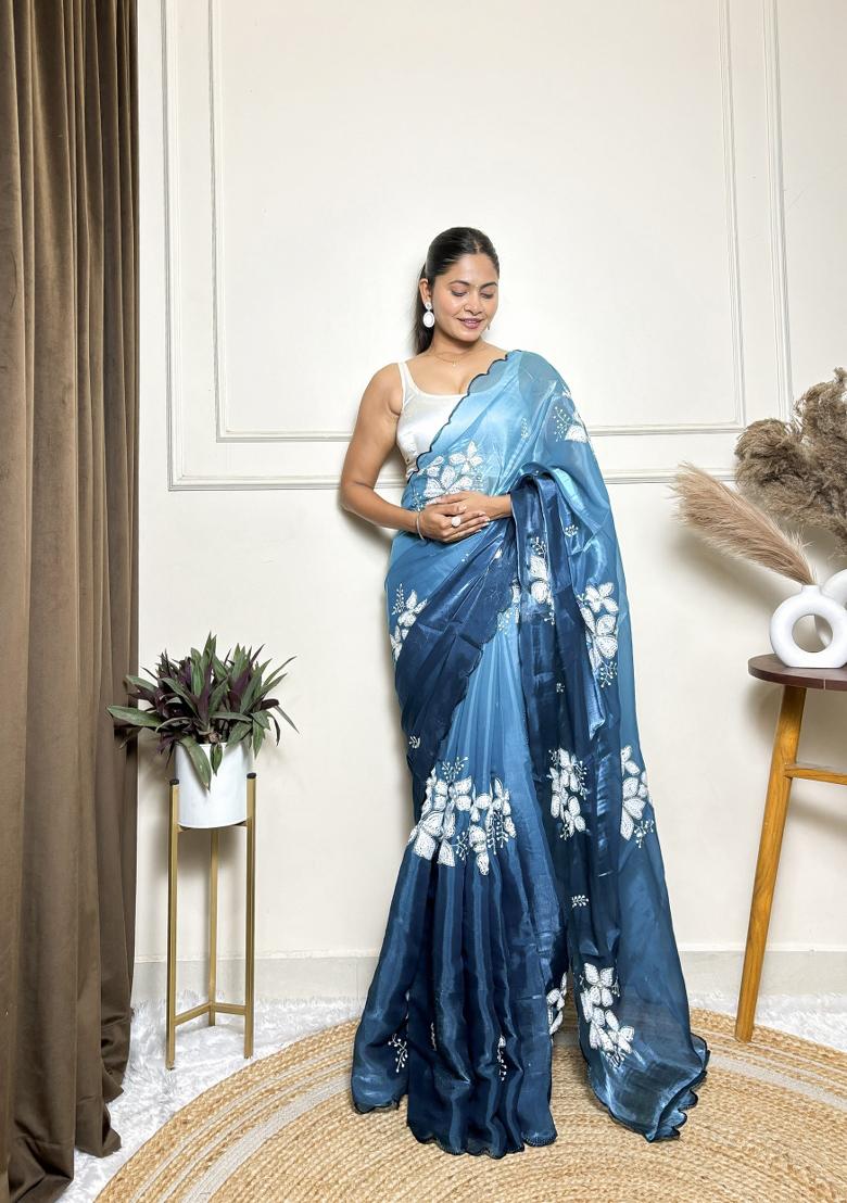 Teal Blue Embroidered Jimmy Choo Saree  Set