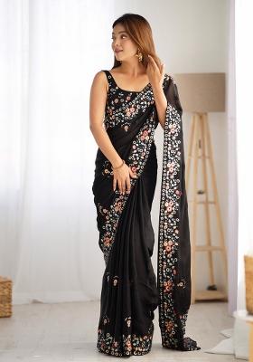 Black Embroidered Satin Chiffon Saree  Set