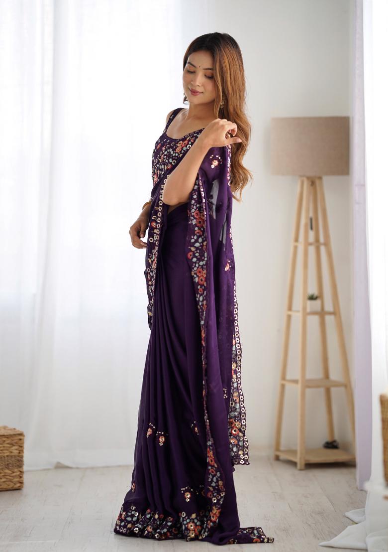 Purple Embroidered Satin Chiffon Saree  Set