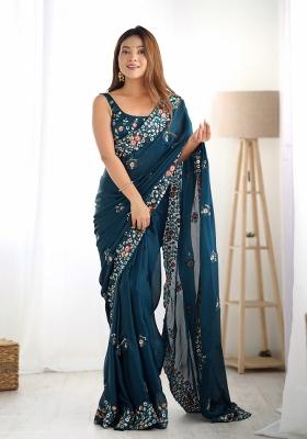 Teal Blue Embroidered Satin Chiffon Saree  Set
