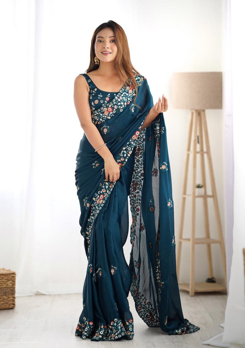 Teal Blue Embroidered Satin Chiffon Saree  Set