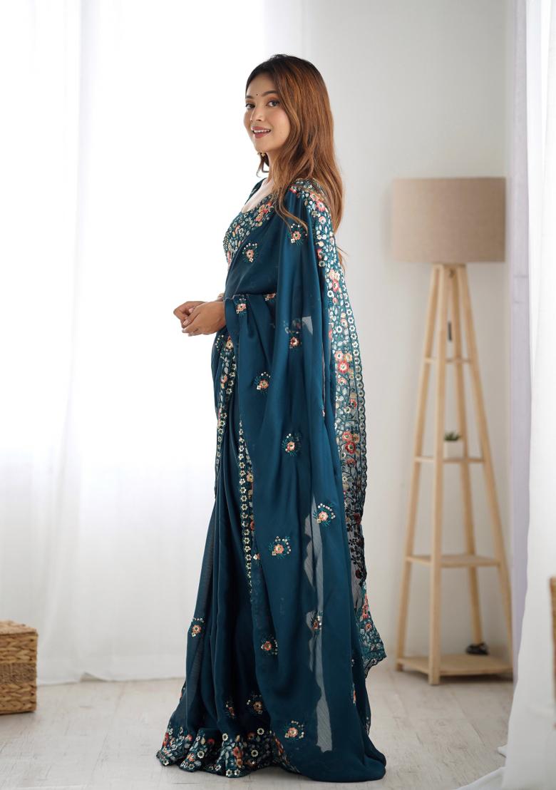 Teal Blue Embroidered Satin Chiffon Saree  Set