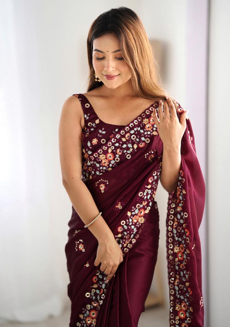 Wine Embroidered Satin Chiffon Saree  Set