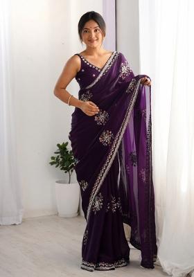 Purple Embroidered Fendy Satin Saree  Set