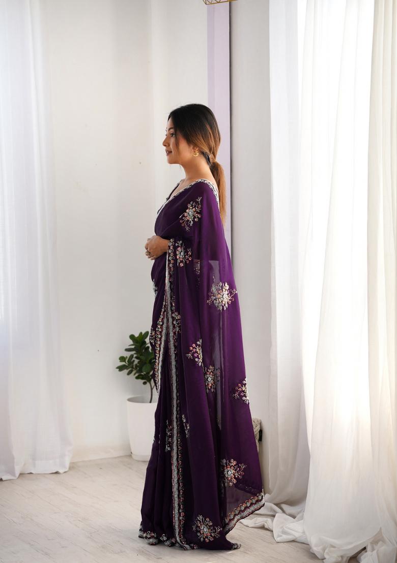 Purple Embroidered Fendy Satin Saree  Set