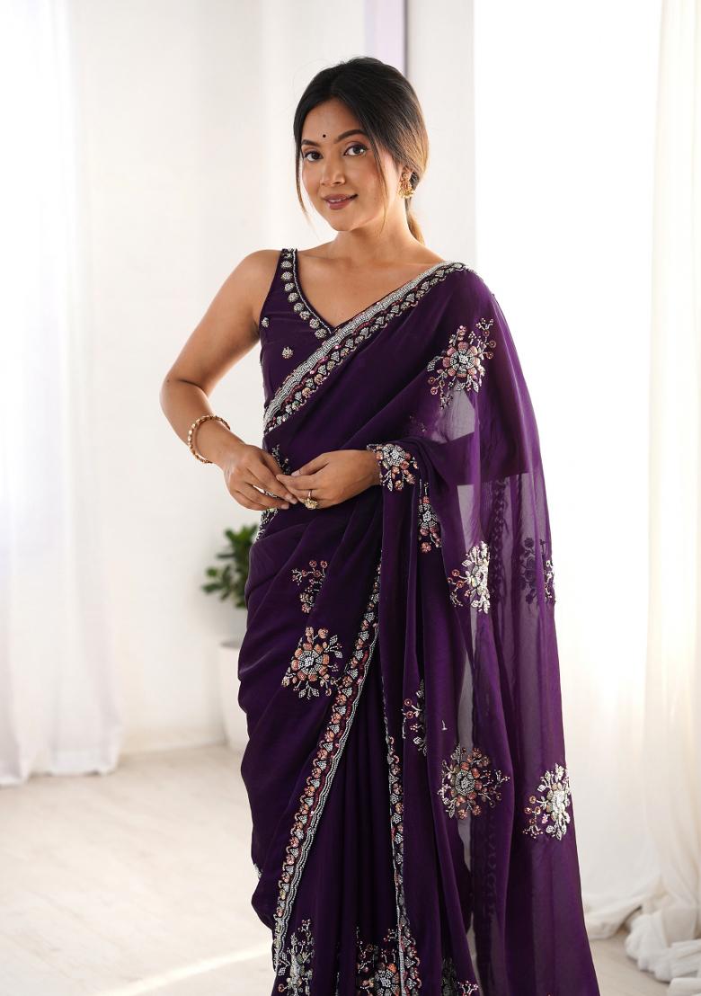 Purple Embroidered Fendy Satin Saree  Set
