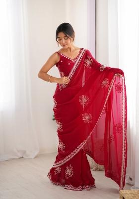 Cheery Red Embroidered Fendy Satin Saree  Set