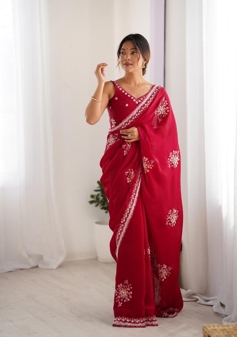 Cheery Red Embroidered Fendy Satin Saree  Set