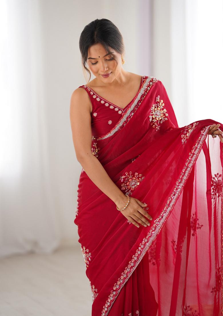 Cheery Red Embroidered Fendy Satin Saree  Set