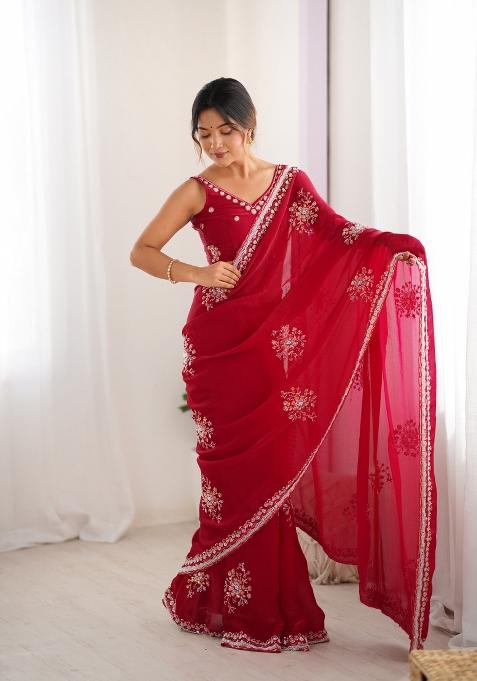 Cheery Red Embroidered Fendy Satin Saree  Set