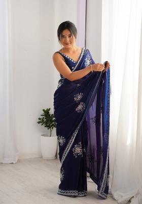 Blue Embroidered Fendy Satin Saree  Set