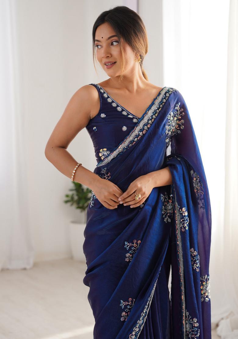 Blue Embroidered Fendy Satin Saree  Set
