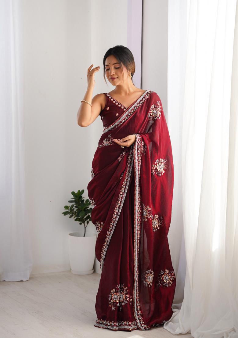 Wine Embroidered Fendy Satin Saree  Set