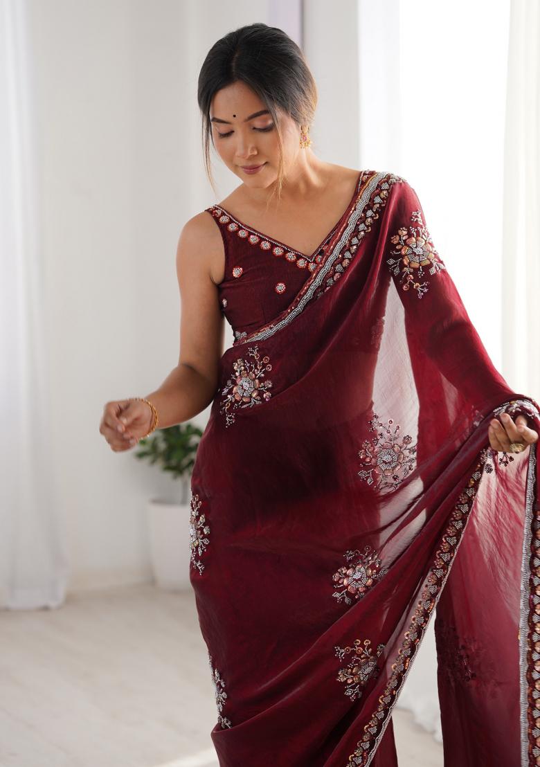 Wine Embroidered Fendy Satin Saree  Set