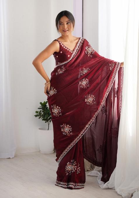 Wine Embroidered Fendy Satin Saree  Set