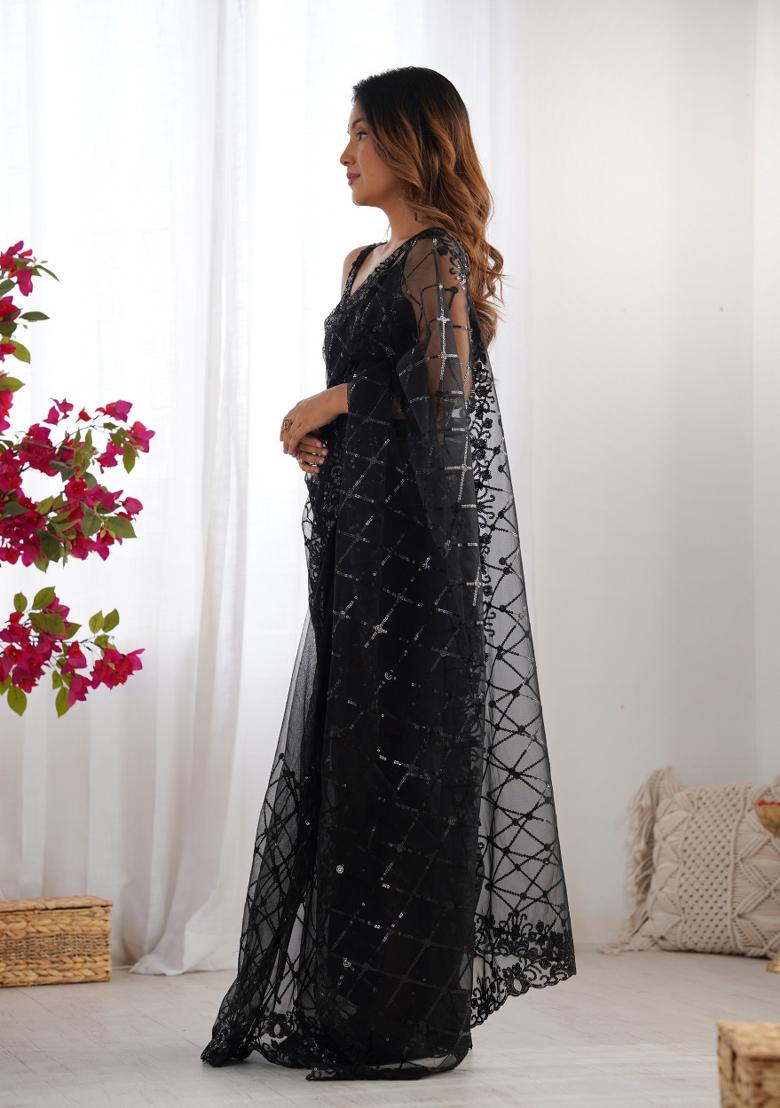Black Embroidered Soft Net Saree  Set