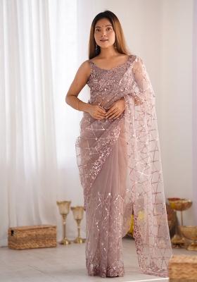 Onion Pink Embroidered Soft Net Saree  Set