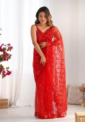 Red Embroidered Soft Net Saree  Set