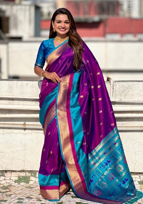 Voilet Woven Paithani Silk Saree  Set