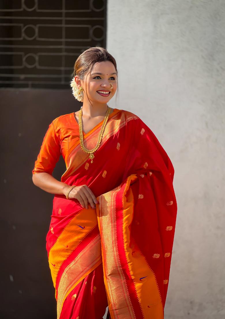 Red Woven Paithani Silk Saree  Set