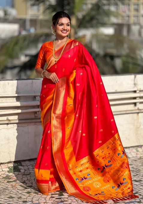 Red Woven Paithani Silk Saree  Set