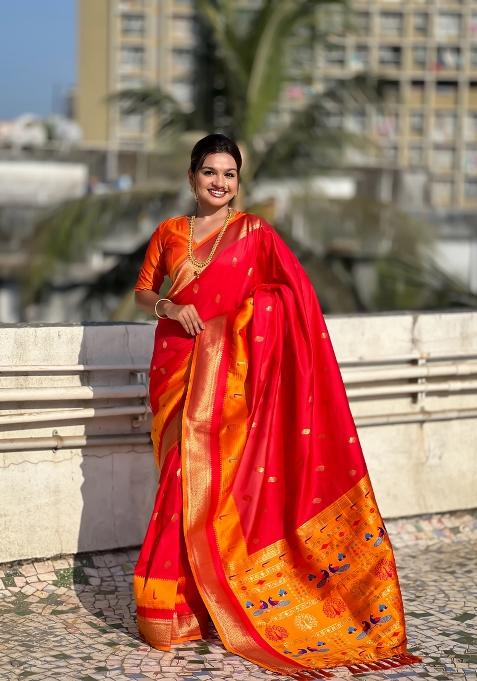 Red Woven Paithani Silk Saree Set